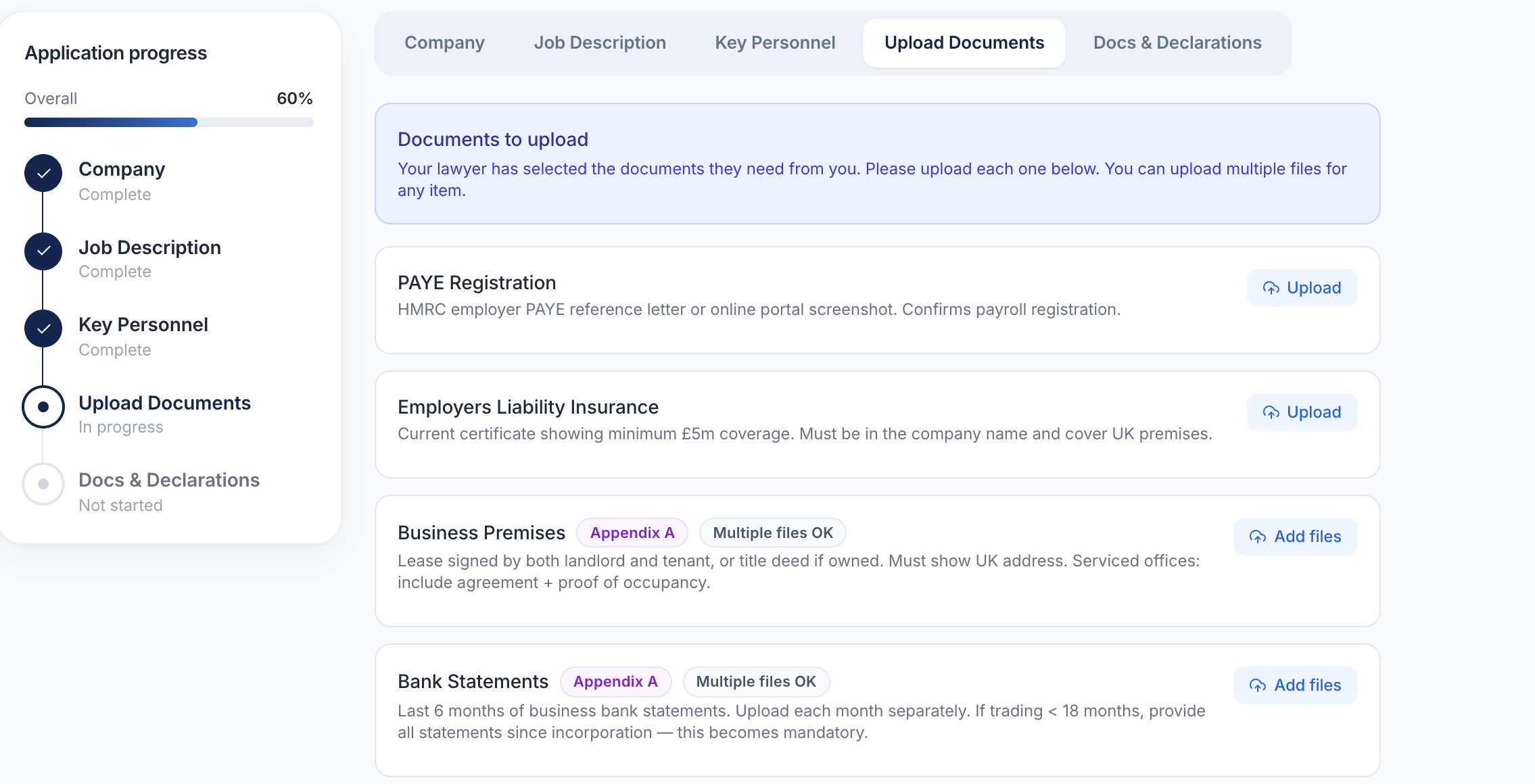 The Imminova portal — live application progress and the exact documents to upload