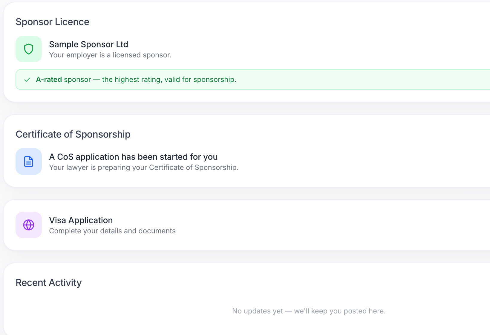 The candidate portal showing sponsor licence, CoS and visa status